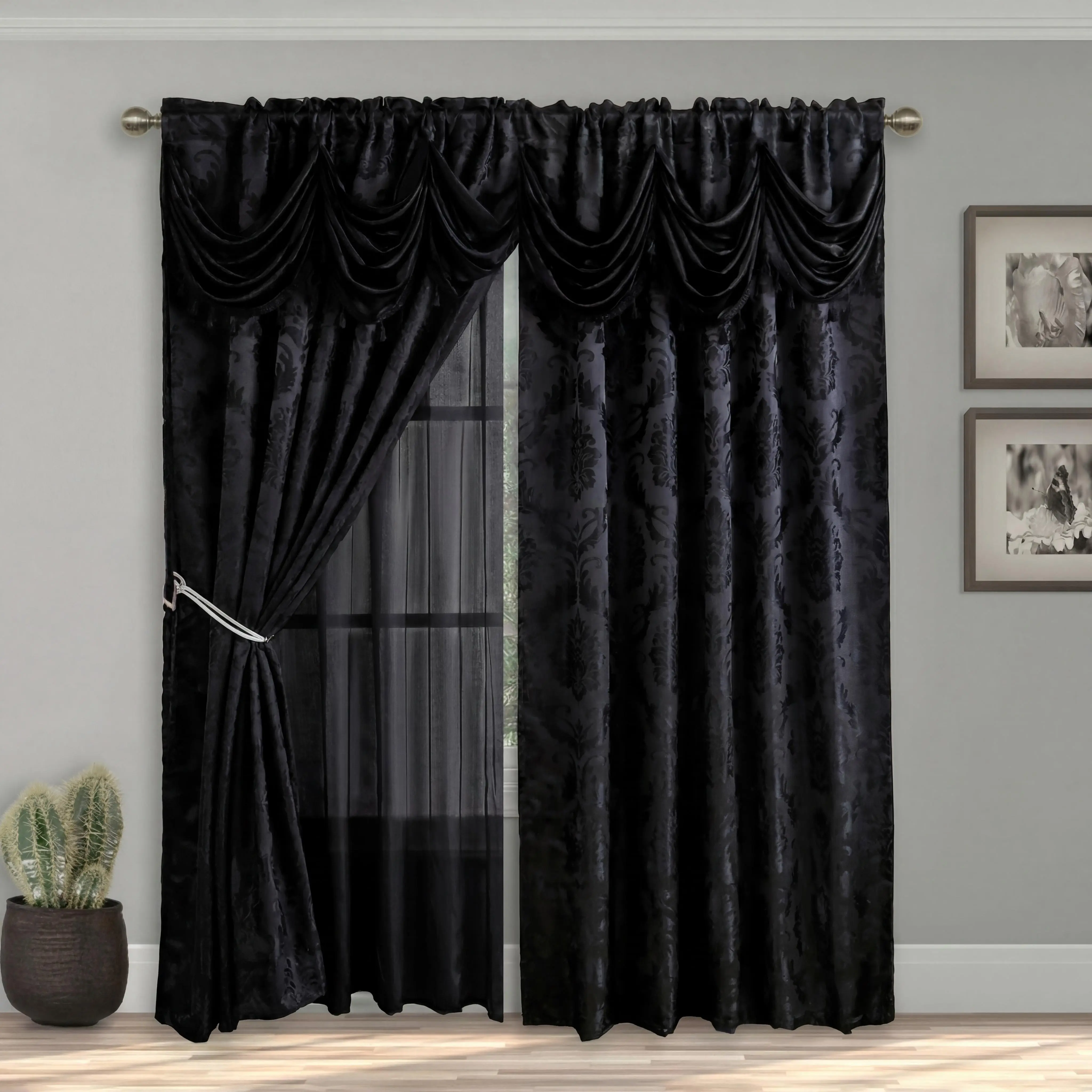 2-Panel 52"x84" Double Layer Jacquard Rod Pocket Blackout Window Curtains with Waterfall Valance, Wrinkle Resistant, Anti-Shrink Premium Home Decor Items, Bedroom Household Textile Accessory, FT7777 Summer Gift