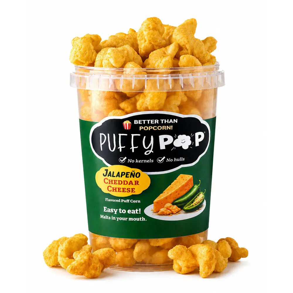 Jalapeño Cheddar Cheese (GF) Puffy Pop Popcorn Puffs - No Kernels, No Hulls - Easy to Eat Snack Jalapeño Cheddar Cheese (GF) Puffy Pop Popcorn Puffs - No Kernels, No Hulls - Easy to Eat Snack