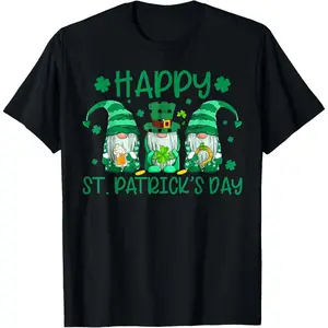 GGOR Three Gnomes Holding Shamrock Leopard Plaid St Patrick's Day T-Shirt