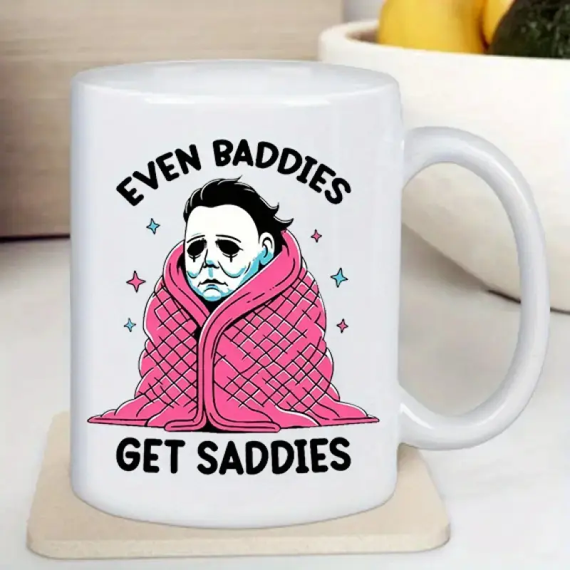 1pc EVEN BADDIES Ceramic Coffee Mug with "Even Baddies Get Saddies" Graphic - Pink & Black Quirky Design, Insulated Reusable Thermal Cup for Home, Office & Gifts, Hand Wash Only, Insulated Coffee Mug, Gift Item, Playful Design, Vibrant Print
