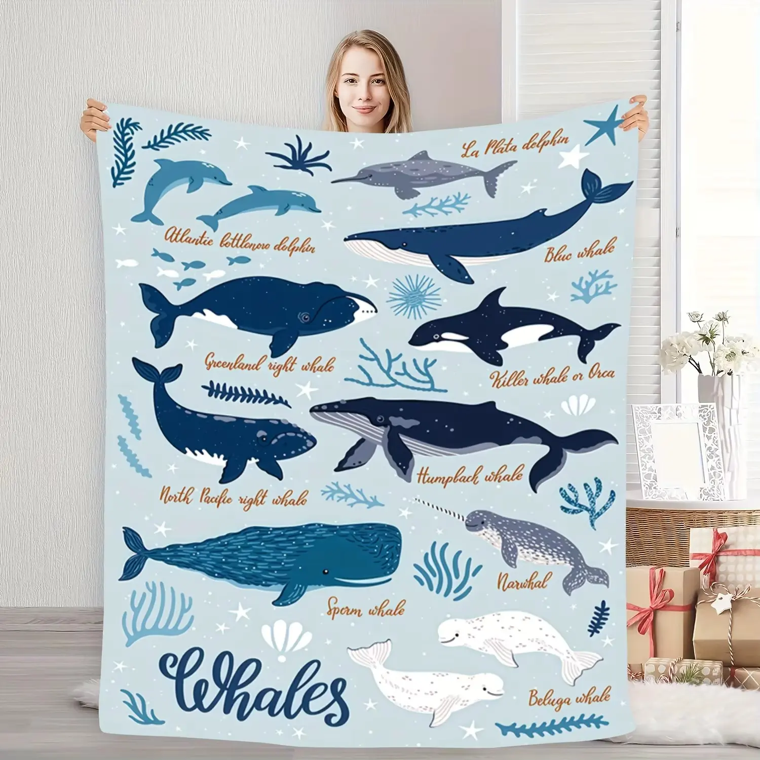 Funny Blankets Ocean Whale Dolphin Flannel Blanket - Soft Warm and Cozy Blue Theme Blanket for Sofa/Bed/Travel, Perfect Gift, High Quality Christmas Present