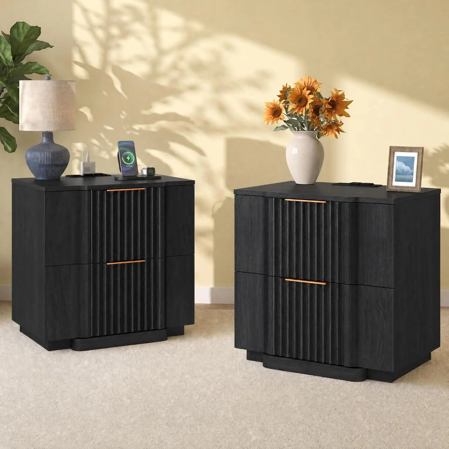 Yechen Set of 2 Modern Fluted Nightstands - 20W Fast Charging Station, AC Ports, Drawer, Durable Bedroom Furniture, Assembly Required (Natural Oak, Black)