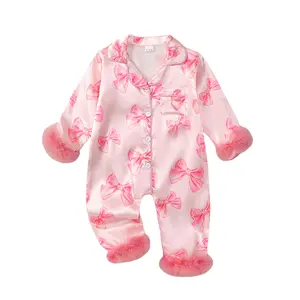 Baby Girl Satin Pajamas Bow Print Silk Romper Pjs Long Sleeve Feather Trim Button Down  Sleepwear Jumpsuit Infant Sleepwear