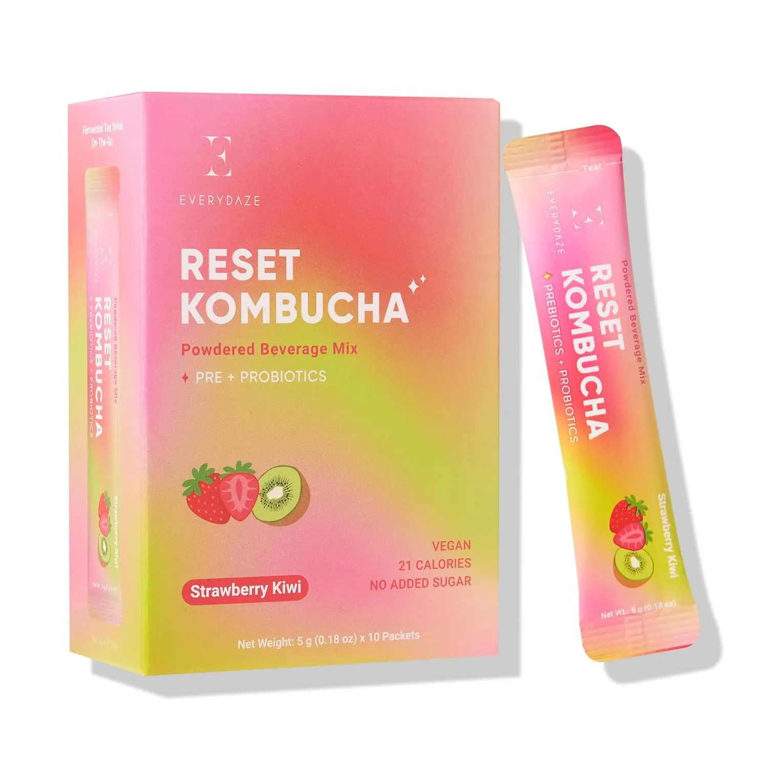 Everydaze Reset Kombucha Tea Powdered Beverage Mix | 10 Sticks | Prebiotics + Probiotics | Vegan | No Added Sugar, Gluten Free, Sparkling Powder Drink Pack (Strawberry Kiwi)