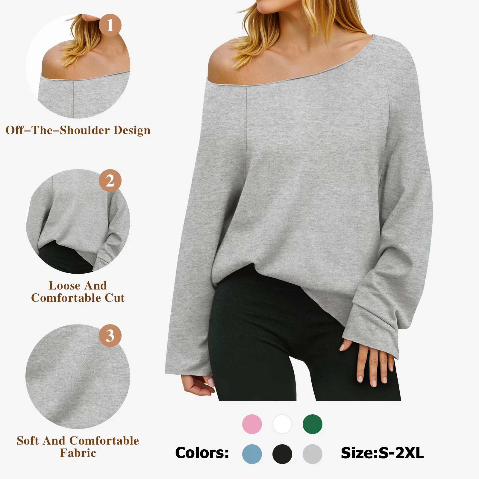 NewOff the Shoulder Sweatshirts Wide NecklinePullovers Long Sleeve Y2k Trendy Loose Fit Tunic Tops