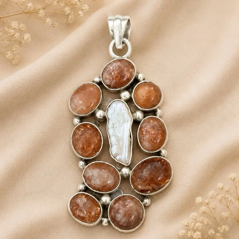 Natural Sunstone and Pearl Cluster Pendant- Sterling Silver