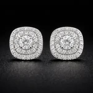 Iced Cushion Stud Earrings (Screw Back) – Moissanite | Silver & Gold | 15mm