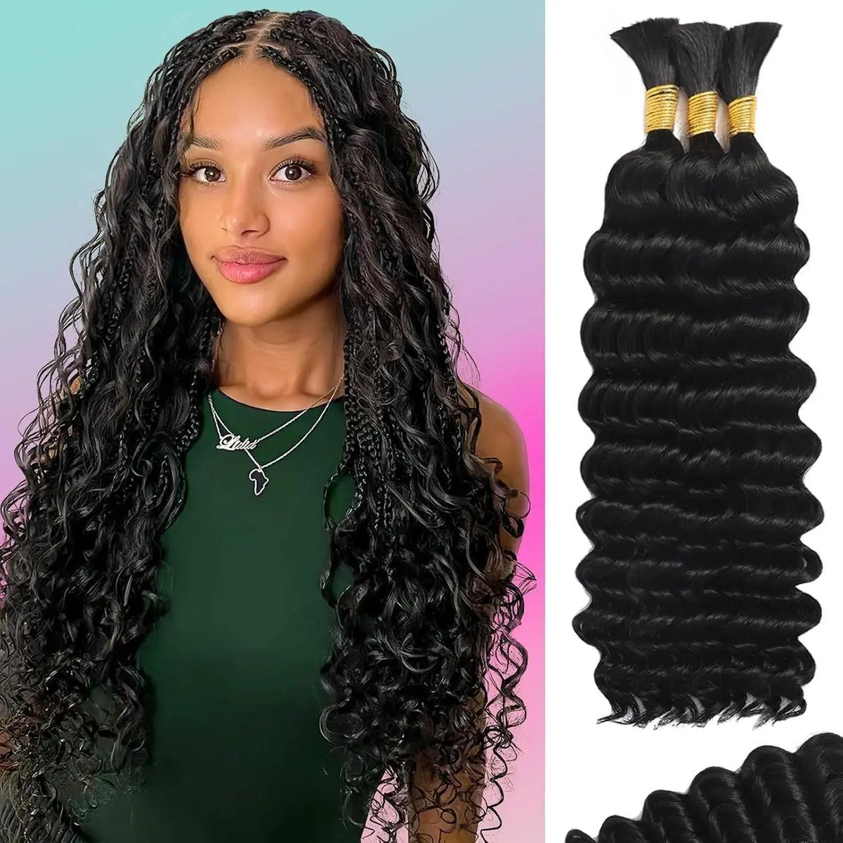 Human Braiding Hair for Boho Braids 110g 14 Inch Deep Water Wave Curly Bulk 100% Human Hair Curly Deep Wave Bundles for Braiding Knotless, Wet and Wavy Crochet Hair Extensions Bohemian Micro Braiding