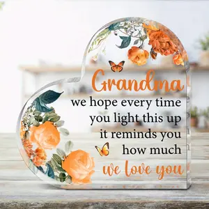 Heart Shaped Acrylic Gift for Grandma, 1 Count Flower Butterfly Pattern Grandma Gift, Centerpieces Decorations, House Decor