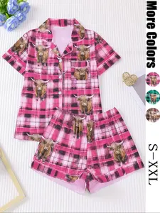 Women's All Over Cow Print Shirt & Elastic Waist Shorts Pyjama Two-piece Set, Casual Comfy Pajama, Casual Comfy Short Sleeve Top & Shorts PJ Set, Ladies Sleepwear for All Seasons, Loungewear