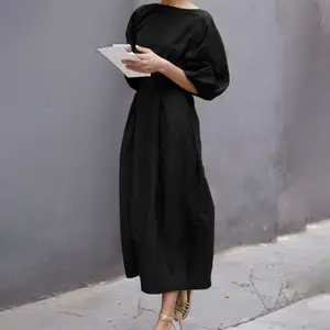 Women's Half Sleeve Loose Long Skirt - Solid Color, Round Neck, Casual Summer Comfort, Daily Elegance, Linen Fabric, Comfortable and Breathable, Daily, Commuter
