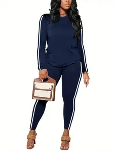 Plus Size Women's Navy Blue Side Stripe Sports Suit Casual Yoga Tracksuit Set for Everyday Wear Comfortable & Stylish Workout Running Clothes Textured Sweatsuit Summer Sportswear