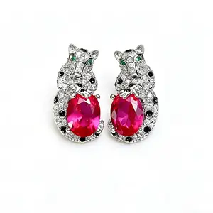 Vintage Red Garnet Stud Earrings with Leopard Diamond Accents — Fashionable, Elegant Jewelry