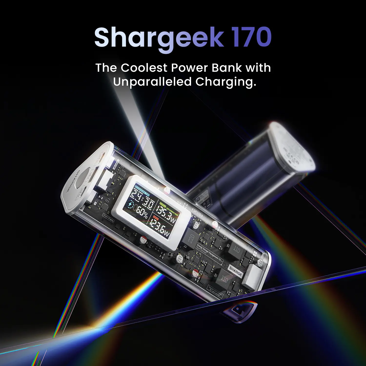 SHARGE Shargeek 170 Battery Power Bank - 170W Fast Charging, 24000mAh, IP66 Water-Resistant Transparent Design, 3 Ports for Mobile Smartphone Accessories, iPhone, Samsung, MacBook Chargeable