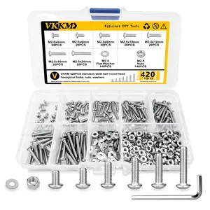 VKKM M2.5 Button Head Socket Cap Screws Assortment Kit, 420Pcs 304 Stainless Steel Allen Hex Bolts Nuts Washers Set, 7 Sizes M2.5x4/6/8/10/12/16/20mm with Allen Wrench for DIY Furniture Motorcycle Machinery Repair
