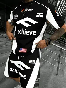 Men's Casual Sportswear Set, "ACHIEVE 23" Star Pattern Graphic Tee & Matching Shorts, Lightweight & Comfortable, For Active Lifestyles, Sportswear Indoor Outdoor, Outdoor Training & Daily Athleisure
