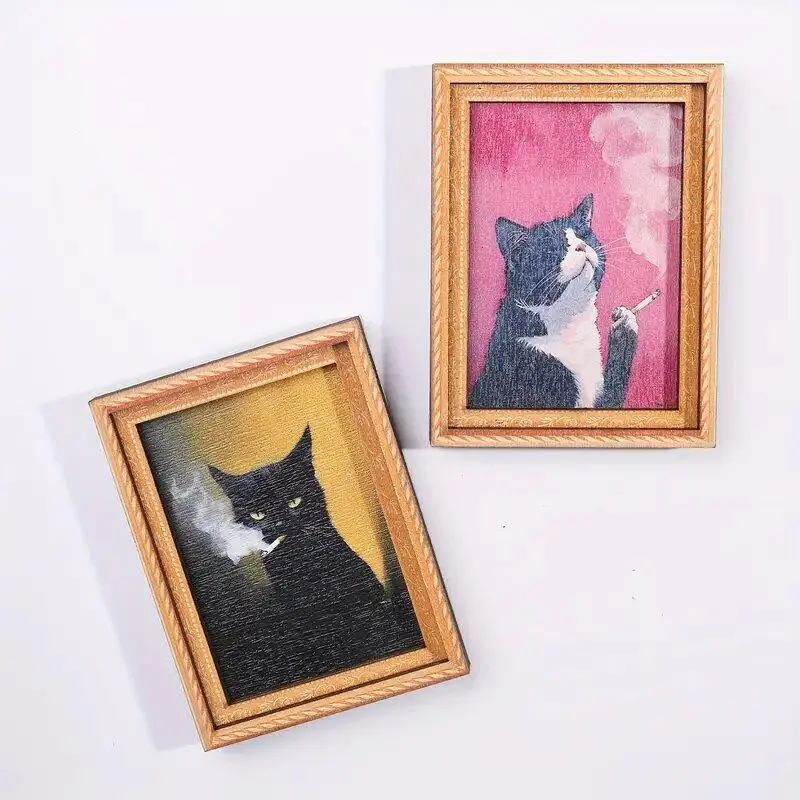 3D Wood Cat Magnetic Refrigerator Magnets - Cute Art Frame Style Novelty Waterproof Decor with Prints, Removable Red Wine Themed Anniversary Gift for Kitchen Decoration, Cute Magnets For Fridge