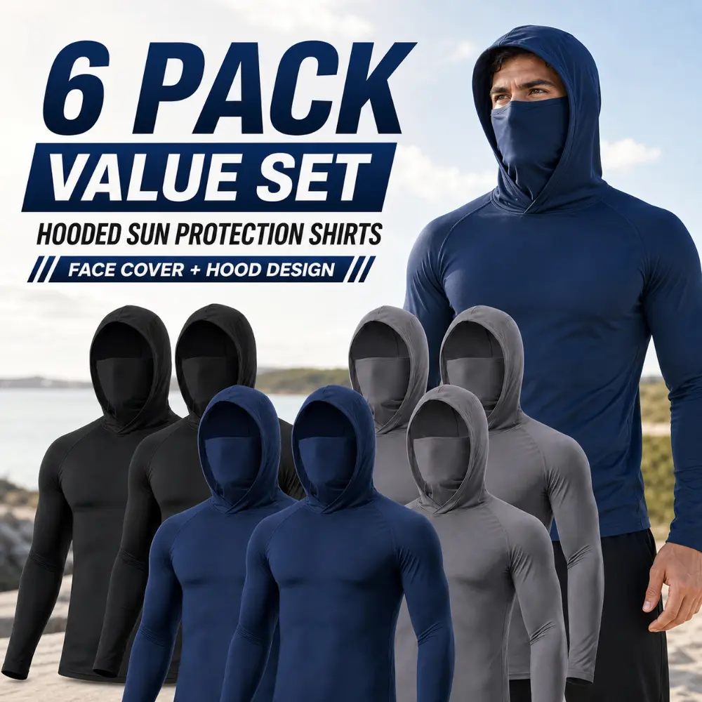 6 Pack Unisex UPF Sun Protection Hooded Compression Shirts, Quick Dry Long Sleeve Performance Tops with Attached Face Mask, Lightweight Breathable Cooling Activewear for Outdoor Work, Fishing, Construction, Hiking, Running, Cycling and Daily Activities