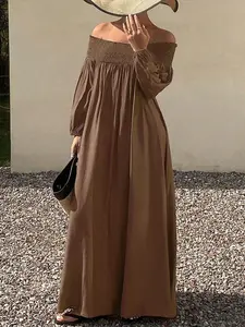 Loose Fit Bubble Sleeve Elastic Ruched Solid Color Off-Shoulder Long Dress, Casual Fashion for Women, Perfect for Daily Wear, Womenswear
