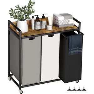 Laundry Hampers with Shelf, Laundry Basket 3 Section, Laundry Sorter with Pull-Out Removable Large 3 Color Bags and Movable Wheels, Frame, 3 x 15.87 Gallons (60L), Rustic Brown PF04XLN