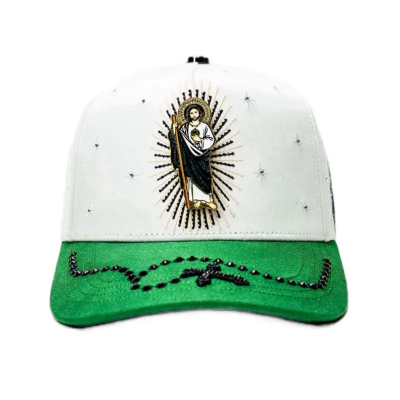 Bigg Boss San Judas Cristal White Hat with Green Brim Unique Design Cross Pendant & Embroidery Baseball Cap Statement Piece