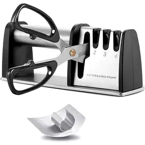 Sharpeners,  4 in 1 Manual Kitchen  & Scissor Sharpeners, 4 - Stage  Sharpening System with  Steel, Ceramic Stone,  Design, Non-slip Base(Black)