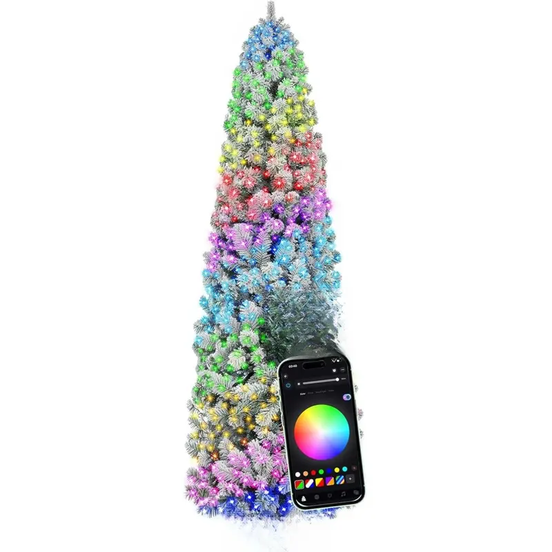 HOLLO STAR 7.5 ft Flocked Prelit Christmas Tree with 348 LED Lights, App Control, Skinny Artificial Pencil Christmas Tree, Multi-Color RGBW Lights, 960 Branch Tips, for Small Space, Home, Party