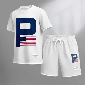 Men's USA Flag P Sport Print Drawstring Shorts Set For Spring/Summer. A Casual Summer Outfit, Including A Short-Sleeved Shirt And Shorts, Suitable For Everyday Wear And Sports. A Two-Piece Set For A Relaxed And Energetic Lifestyle.
