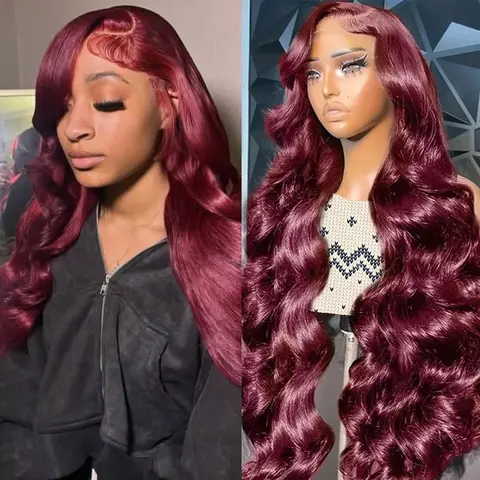 Women's 99J Burgundy 30-Inch Body Wave Glueless Lace Front Wig, 13x6 HD Transparent Synthetic Wig, Pre-Plucked with Natural Baby Hair, Natural-Looking (Do Not Heat or Bleach), Wigs For Women