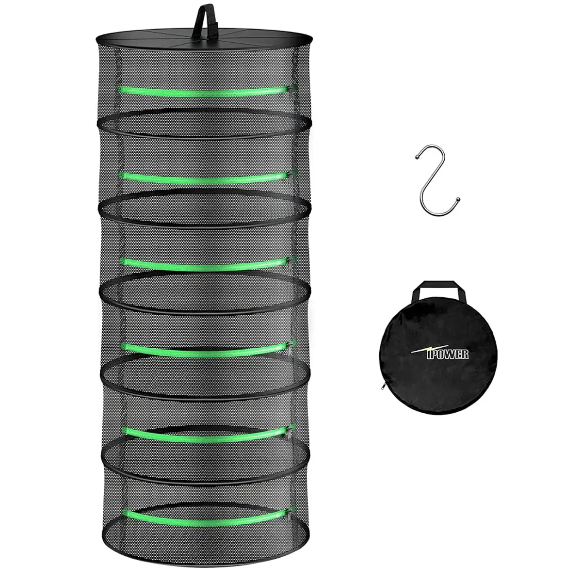 iPower 2ft 8-Layer Foldable Drying Rack with Zippers Reinforced Ring Design Hanging Mesh Net for Herbs Plants Flowers Fruits Includes Storage Bag & Ho