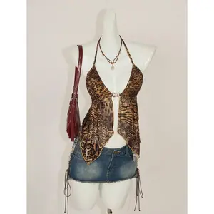 Vintage Leopard Print Backless Halter Neck Camisole With Slit Hem