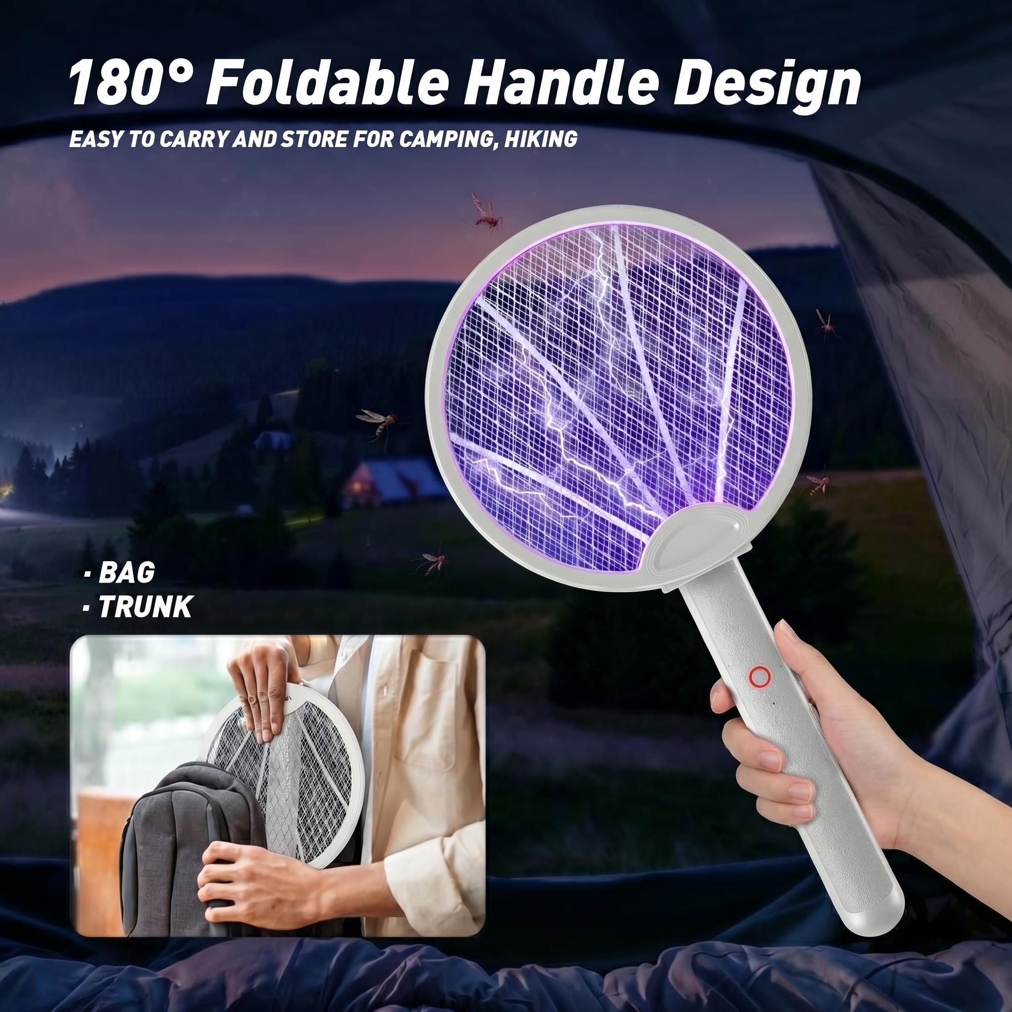 Foldable Electric Fly Swatter Racket 3000V, USB Rechargeable Bug Zapper with Purple Attractant Light, 1200mAh Portable Handheld Mosquito Killer - Kills Mosquitoes, Flies, Gnats, Wasps, Fruit Flies for Indoor Home, Backyard, Patio, Camping