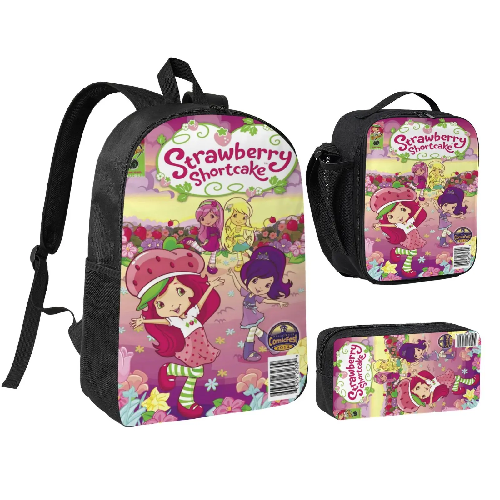 3PCS Strawberry Shortcake Vertical Backpack Set Water Resistant Reusable with Adjustable Straps School Travel Hiking Daypack Large Medium Small 3 Piece Set
