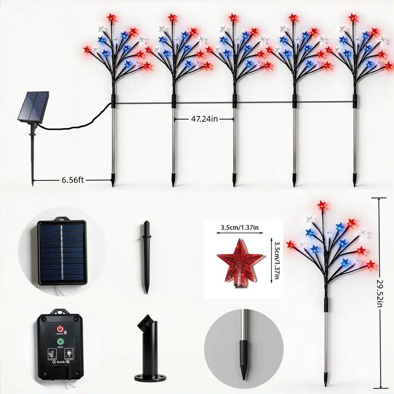 Set of 5, July 4th Outdoor Decorative Solar Stake Lights, Patriotic Red, White, and Blue Star-Spangled Solar Lights, Waterproof Outdoor Fourth of July Lights, Perfect for the Fourth of July, Memorial Day, Gardens, Pathways, Yards, Sidewalks, and Parties S