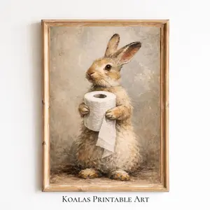 Vintage Funny Easter Bunny Print, Bathroom Antique Romantic Victorian Cottagecore Painting, Easter Rabbit