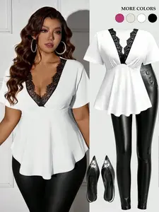 Women's Plus Size Lace Trim V-Neck Peplum Top Short Sleeve Contrast Lace Blouse Tummy Control Flowy T-Shirts Elegant Night Out Party Casual Clubwear Y2K Spring