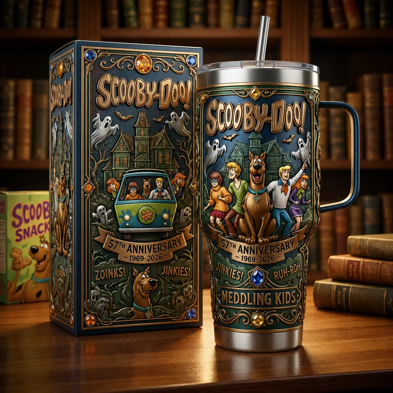 Scooby-Doo 57th Anniversary 1969–2026 Vintage Mystery Gang 40oz Stainless Steel Tumbler, Scooby and Shaggy Cartoon Insulated Cup with Handle and Straw, Retro Adventure Drinkware, Back to School Travel Mug, Fan Gift