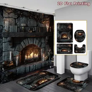 4PCS Cozy Fireplace Shower Curtain set, Dark toned Stone Fireplace with Candles Bathroom Decor, Accessories with Bath Mat, U-shaped Mat, Toilet Lid Cover, 12 Hooks 180x180cm Curtain, Rustic Home Ambiance, Home Decor, bathroom accessories