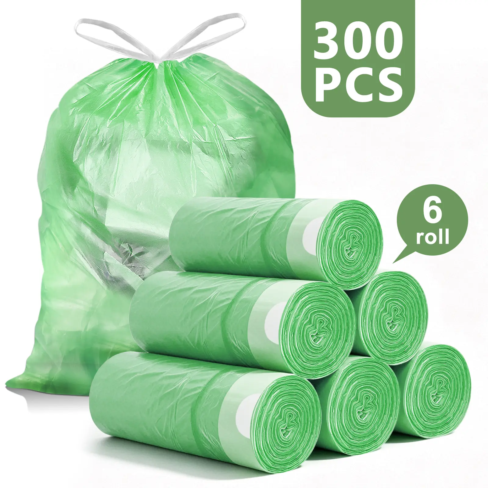 HDPE 4Gal Sturdy Drawstring Trash Bags, 300-Count Green Unscented Waterproof Plastic Bin Liners for Toilet, Balcony, Study & Apartment Small Restrooms, Compatible with Wardrobe Pouch (Home Care Supplies), Leak-Proof