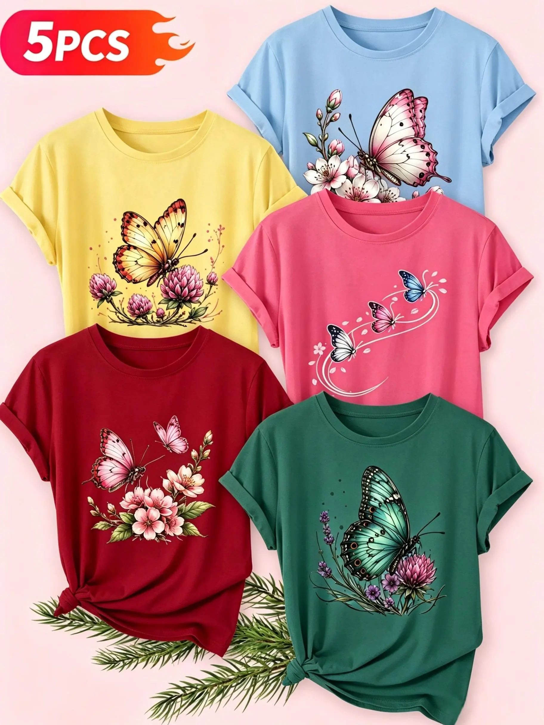 Women's 5-Piece Casual Round Neck Tees, Watercolor Butterflies and Wild Flowers Print, Washable Soft Multi-Color Top for Spring and Summer sohochic