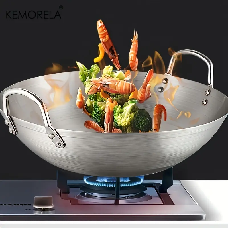 Heavy-Duty Stainless Steel Wok Pan, Professional Non-Stick Stir-Fry Pan with Ergonomic Handle, Compatible with Gas, Induction, Electric Stovetops, Easy-to-Clean Home Kitchen Cookware, Stainless Steel Pan