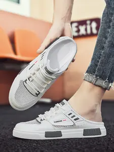 Plus Size Men's Black-White Bamboo Pattern Mule Sneakers, Chinese Style Light Cool Style, Leather Paneling + Mule Slip-On Design + Bamboo Pattern Decor, Chinese Style Eye-Catching, Ideal for Plus Size Men's Daily Leisure & Light Outings