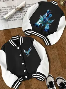 Girls' Short Baseball Jacket, Cool Design, Avatar Beast Decoration, Cartoon Print, Casual Comfortable Outerwear, Button Front Jacket