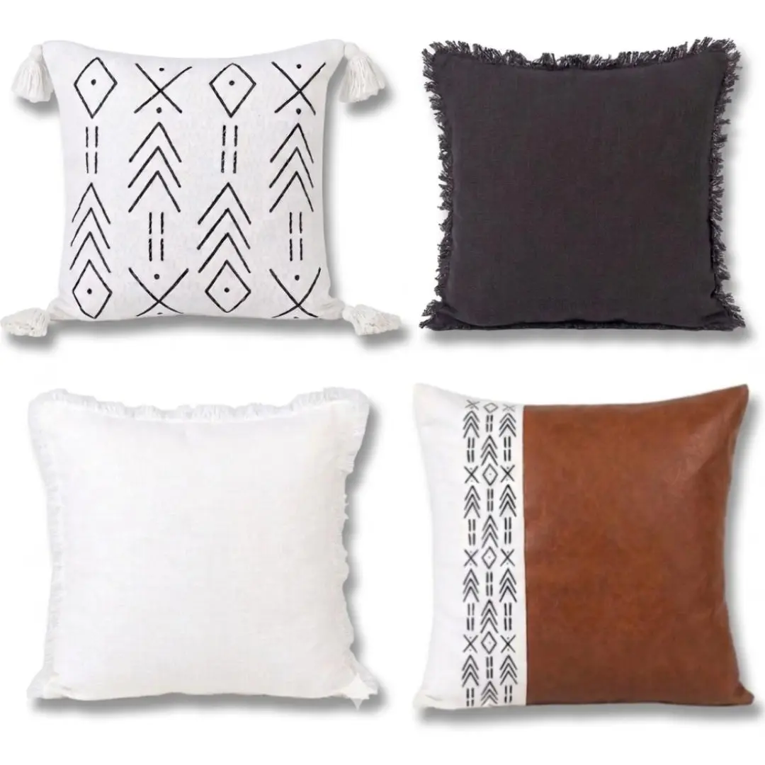 4 Pack Boho Throw Pillow Covers 18x18 Inch - Farmhouse Cozy Decorative Cushions for Couch Bed Living Room - Thick Textured Soft Organic Cotton & Luxury Vegan Leather - Modern Aztec Stripes & Solid Ivory - Durable Machine Washable Home Decor Set