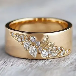 Women's Vintage Luxury Wide Band Ring with Leaf-Inlaid Synthetic Zircon April Birthstone - Perfect for Weddings Anniversaries Gifting Daily & Party Wear