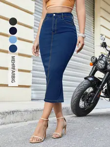 High-Waisted Midi Denim Skirt, Women's Fitted Bodycon Dress, Elastic Step Hem, Vintage Slimming Half-Skirt, All Seasons, Lightweight Skirts