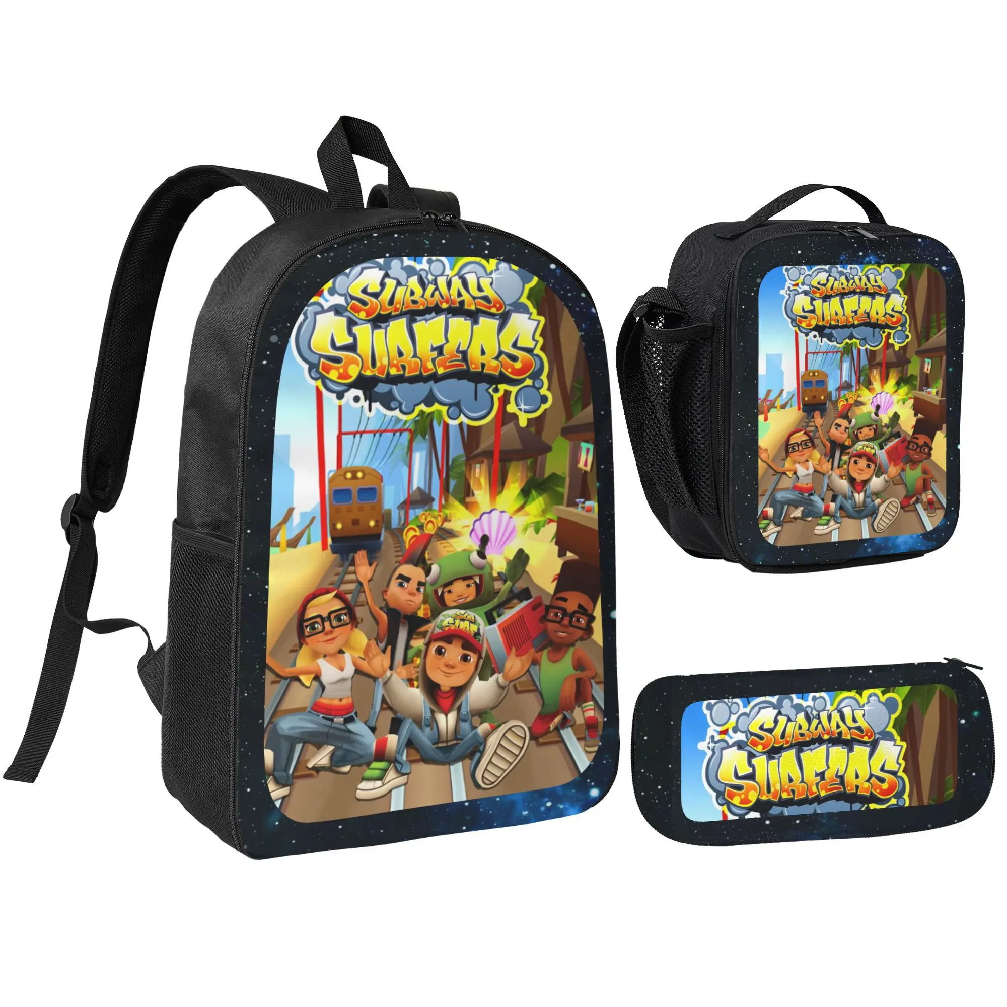Subway Surfers Cartoon Game Character Print 3 In 1 Backpack Set, Galaxy Starry Border Lightweight Casual Daypack, Multipurpose Backpack Matching Insulated Lunch Bag And Pencil Case Combo, Classic Running Game Graphic Travel Storage Kit