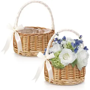2 Pack Flower Girl Basket, Handmade Wicker Rattan Basket with Handle Silk Ribbon, Decorative Eggs Candy Basket for Gifts, Wedding, Camping, Home Decor