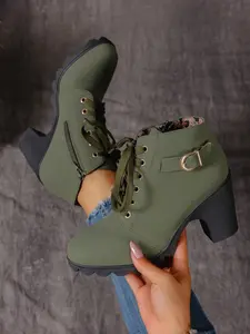 Women's Round Toe High Heel Chunky Thick Sole Platform Heel PU Rubber Boots, Side Zipper with Metal Buckle, Fashion Simple Short Boots for Daily Wear and Commuting, Army Green, Thick Heeled Boots