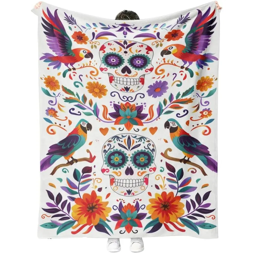 Sugar Skull Fleece Blanket, Day of The Dead Design with Parrots and Flowers, Colorful Mexican Folk Art Theme, Halloween Blankets Fuzzy Gifts for Sofa Couch Bedroom (60 x 80 inch)